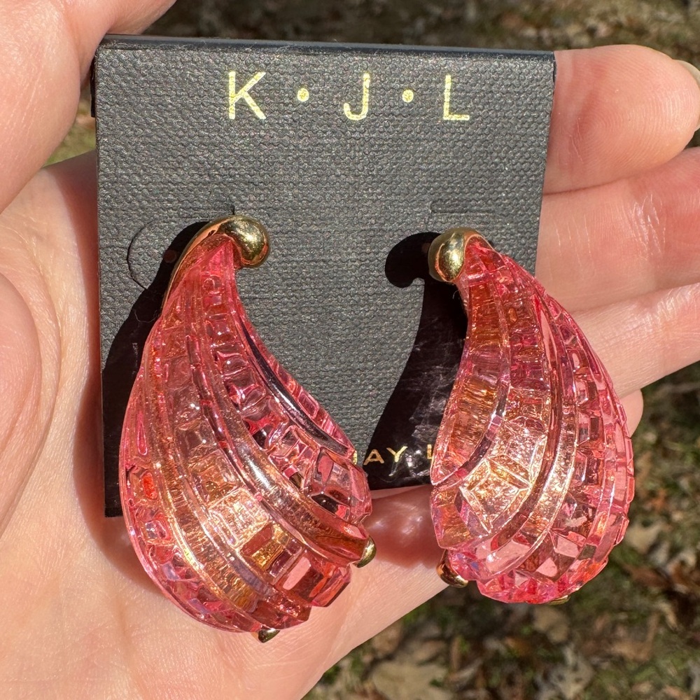 Vintage Kenneth Jay Lane Pink Lucite Clip Earrings Gold Tone 1980s Style New